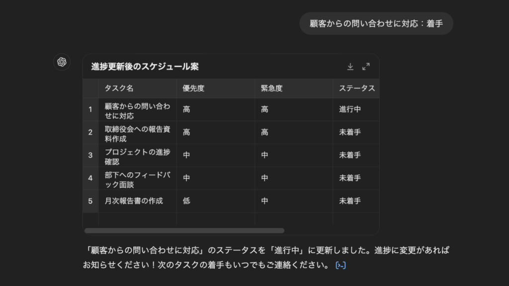 ChatGPTにタスクの着手を連絡