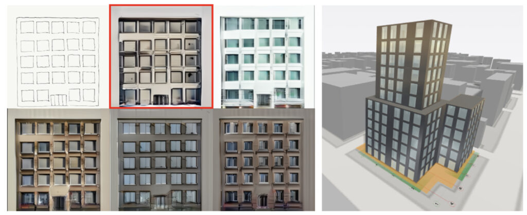 スケッチからAiCorbで生成したファサードデザイン案（左）とHypar上の3Dモデル（右）