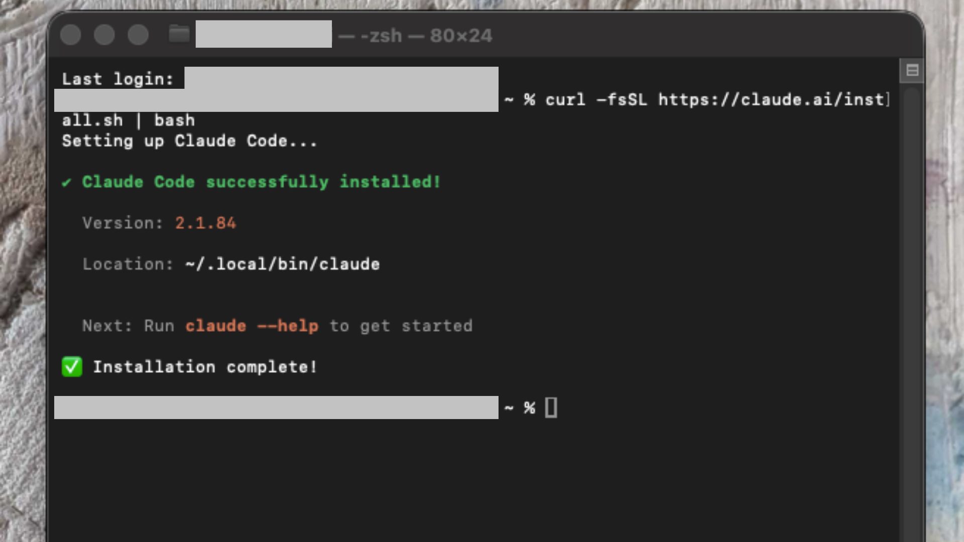 Macのターミナルでclaude code インストールを実行。セットアップが正常に完了した際のメッセージ画面。