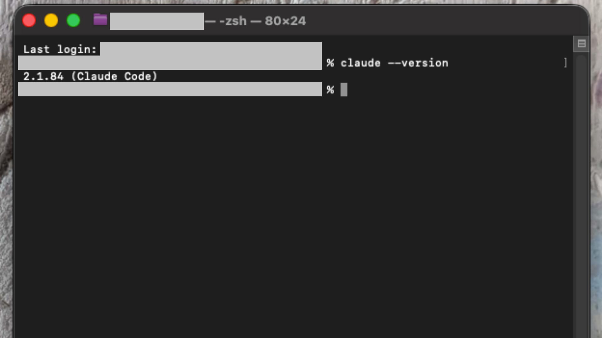 claude code インストール後の動作確認。ターミナルでコマンドを入力し、正常にバージョン情報が表示された様子。