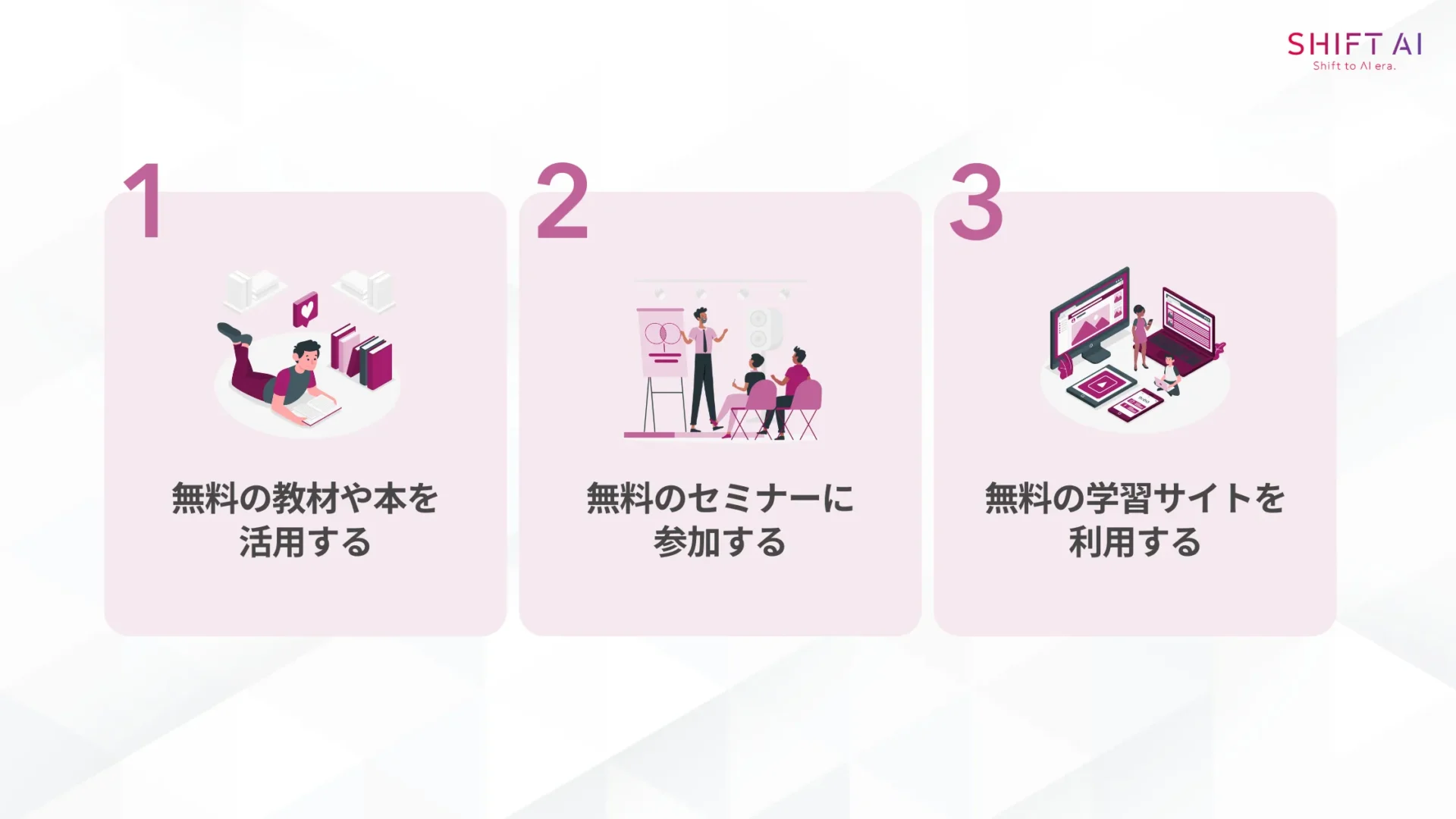 AIを無料で学ぶ3つの方法(無料の教材や本を活用する/無料のセミナーに参加する/無料の学習サイトを利用する)