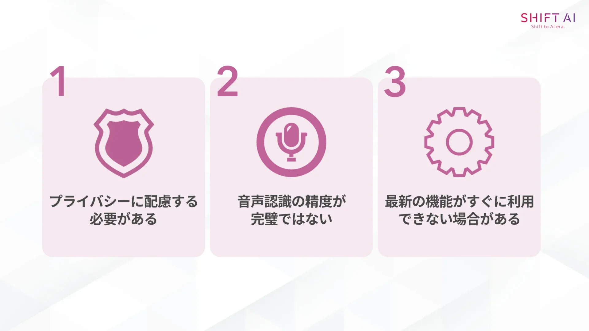 音声会話機能「Gemini Live」を使用する際の3つの注意点(プライバシーに配慮する必要がある/音声認識の精度が完璧ではない/最新の機能がすぐに利用できない場合がある)