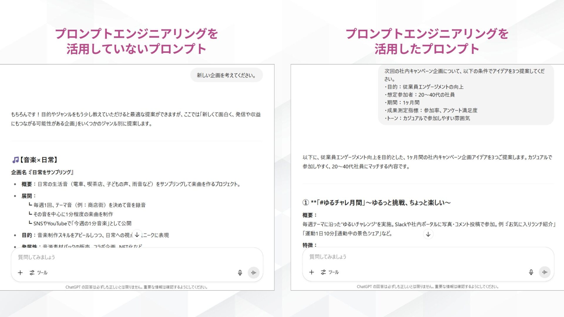 プロンプトエンジニアリングを学ぶメリット(生成AIを最大限に活用できる-プロンプトエンジニアリングを活用したプロンプトと活用していないプロンプトによる出力の違いを比