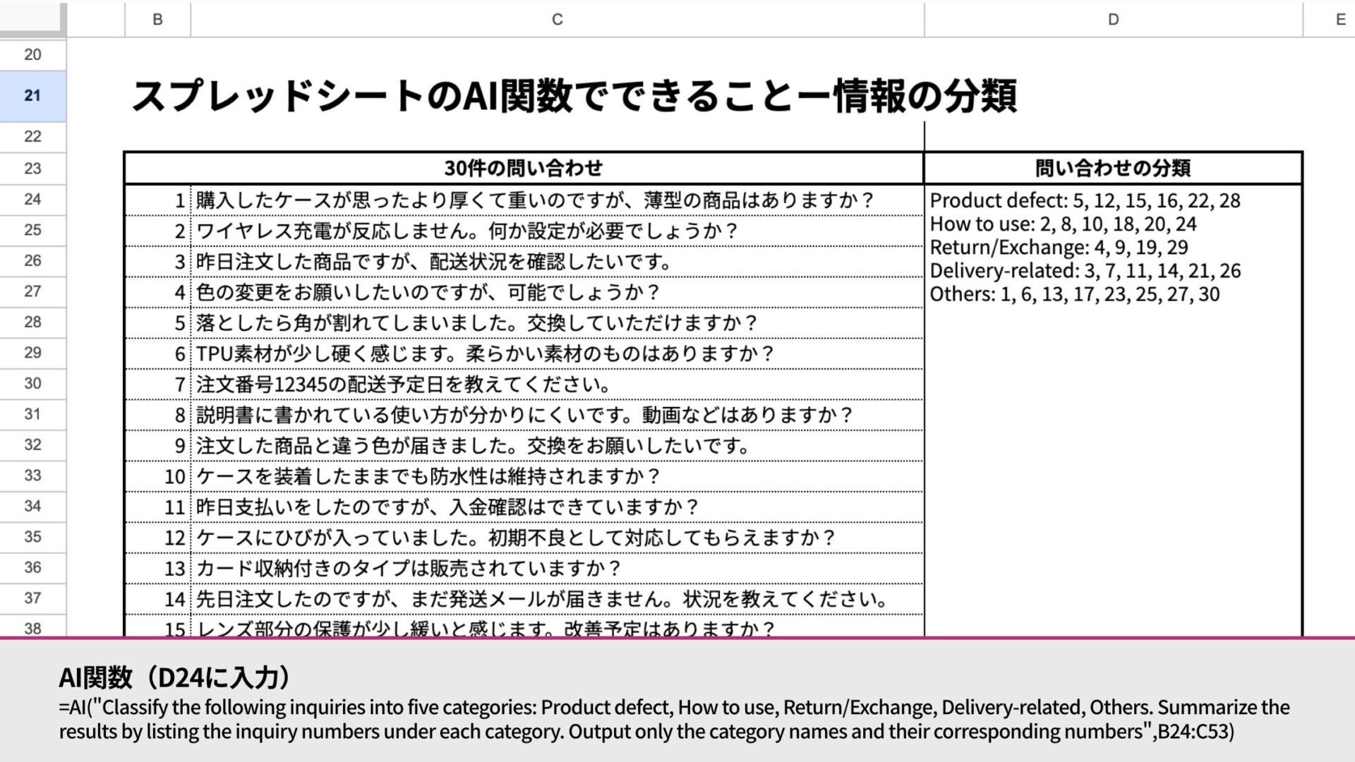 スプレッドシートのAI関数でできること(情報の分類-AI関数での出力結果)