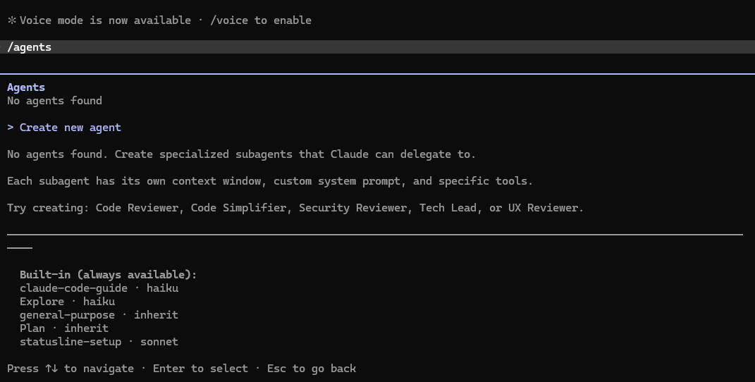 Claude Codeで/agentsコマンドを実行した画面。カスタムエージェント未作成の状態で「Create new agent」と組み込みエージェント一覧が表示されている