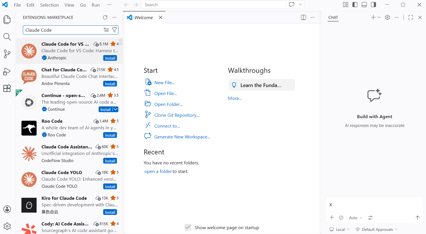 VSCodeの拡張機能マーケットプレイスで「Claude Code」を検索した画面。Claude Code for VS Codeが一番上に表示されている