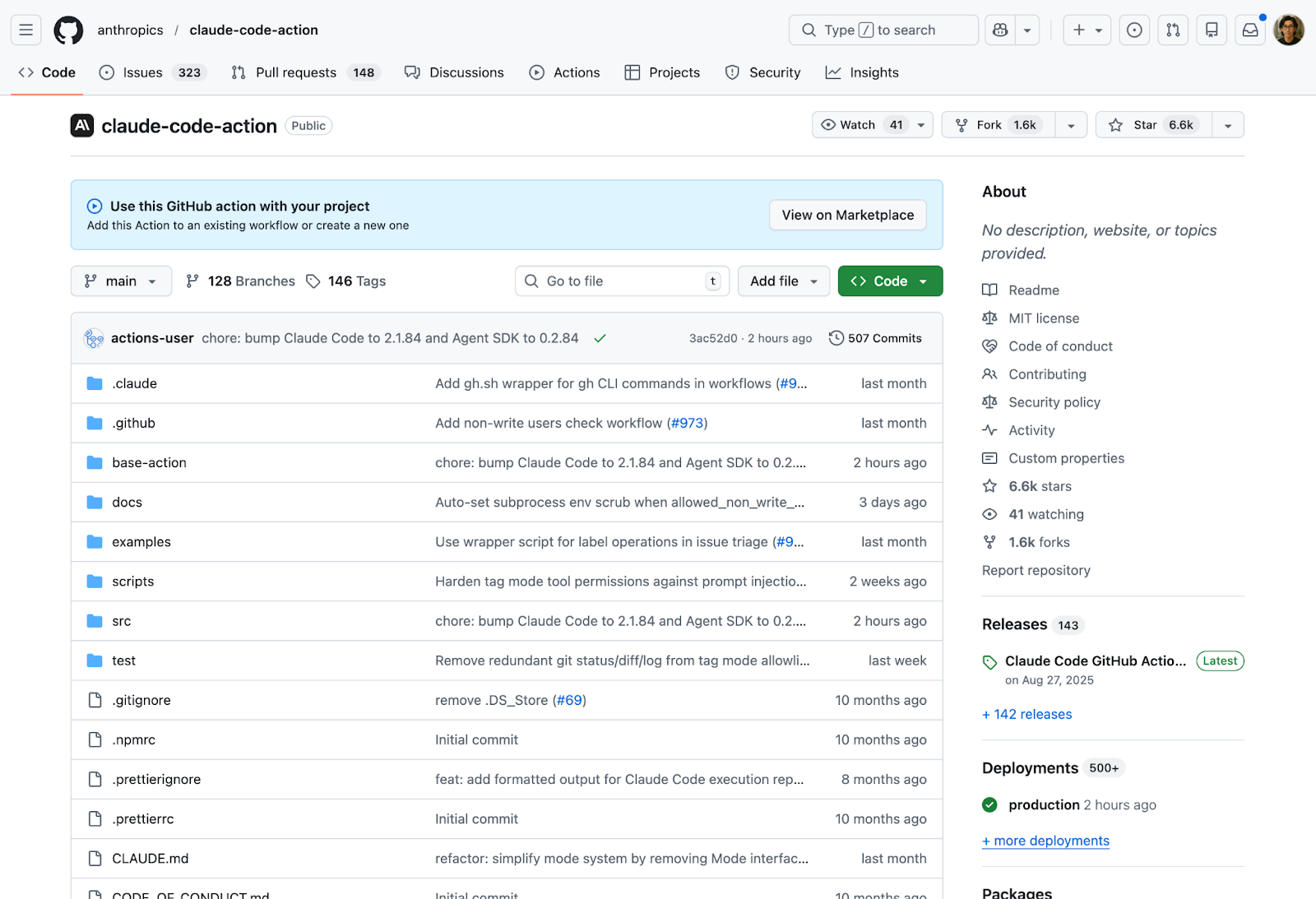 GitHubのClaude Code Actionリポジトリのトップページ。README、ブランチ数、スター数、リリース情報が表示されている