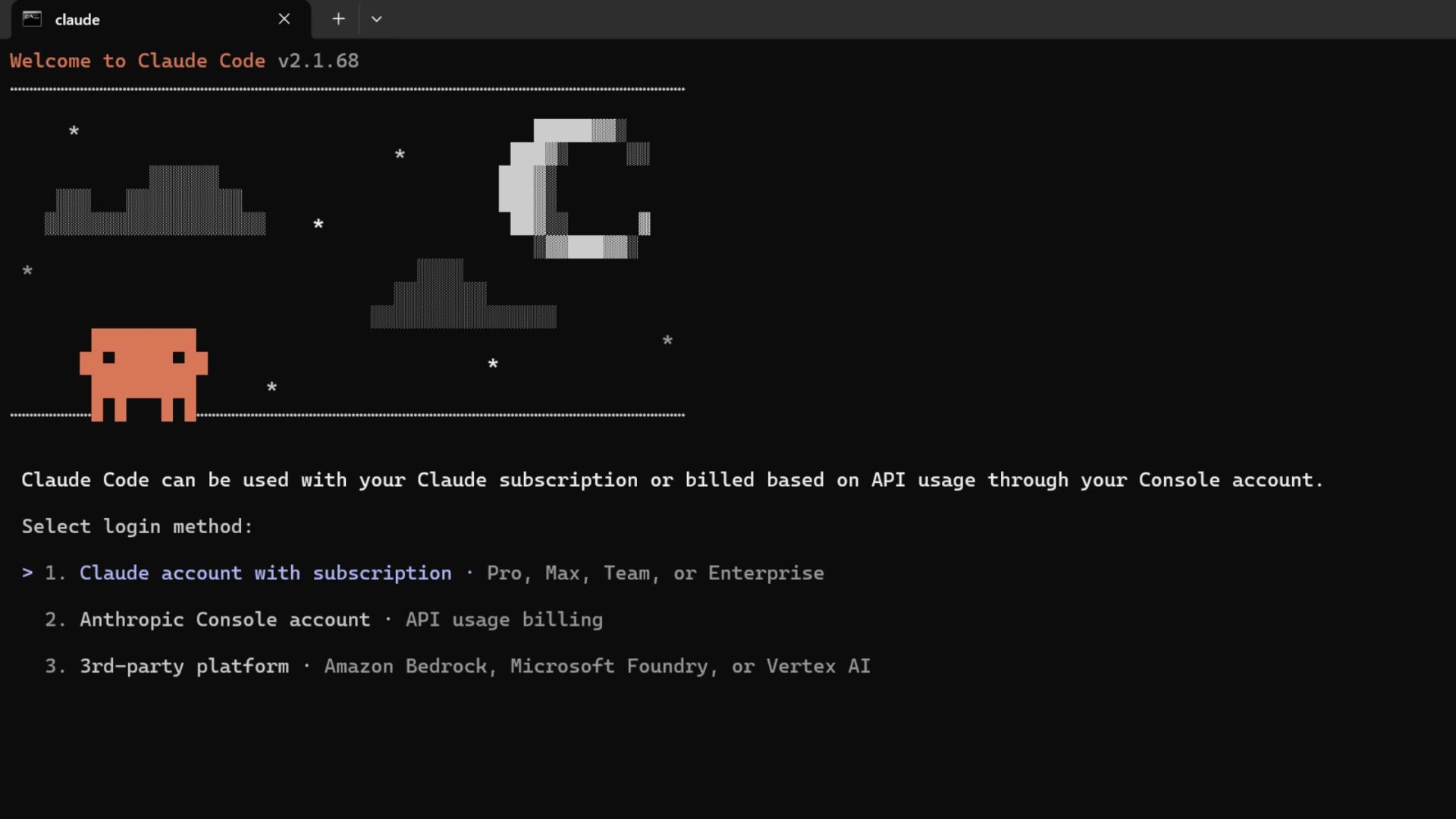 Claude Codeの初回起動時のログイン方法選択画面。「Claude account with subscription」「Anthropic Console account」「3rd-party platform」の3択が表示されている。