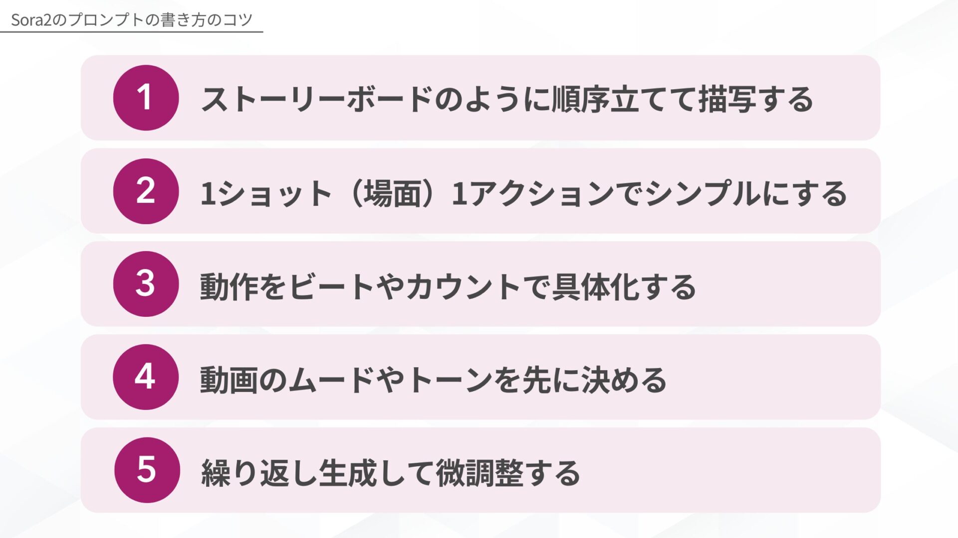 Sora2プロンプトの書き方のコツ：1.順序立てて描写、2.1ショット1アクション、3.動作の具体化、4.ムード決定、5.微調整