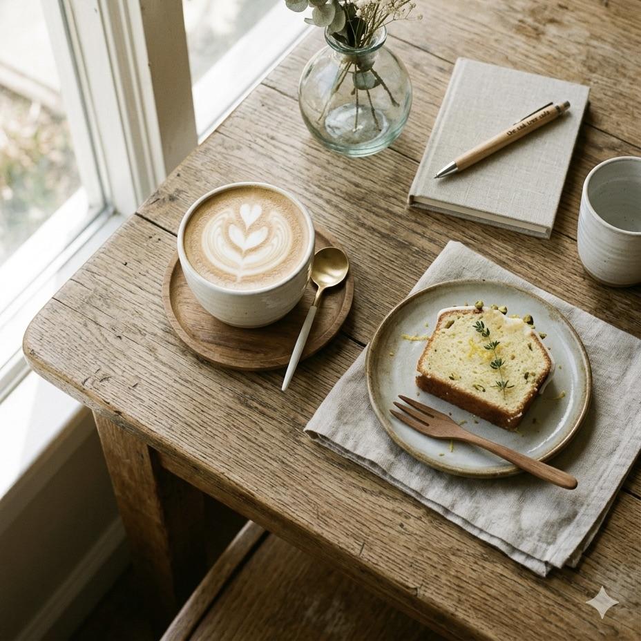 窓際のテーブルに置かれたラテとケーキ。nano banana pro プロンプトで生成したお洒落なカフェの風景。