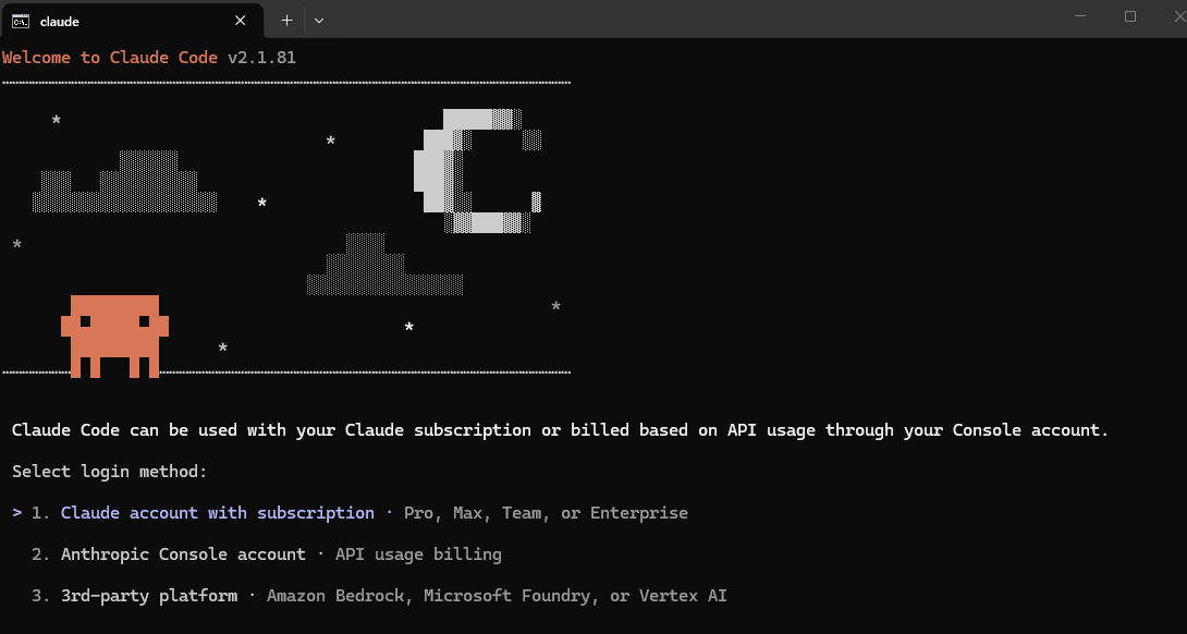 claude code インストールのログイン認証。サブスクリプションプランやAPI利用など、接続方法を選択する様子。