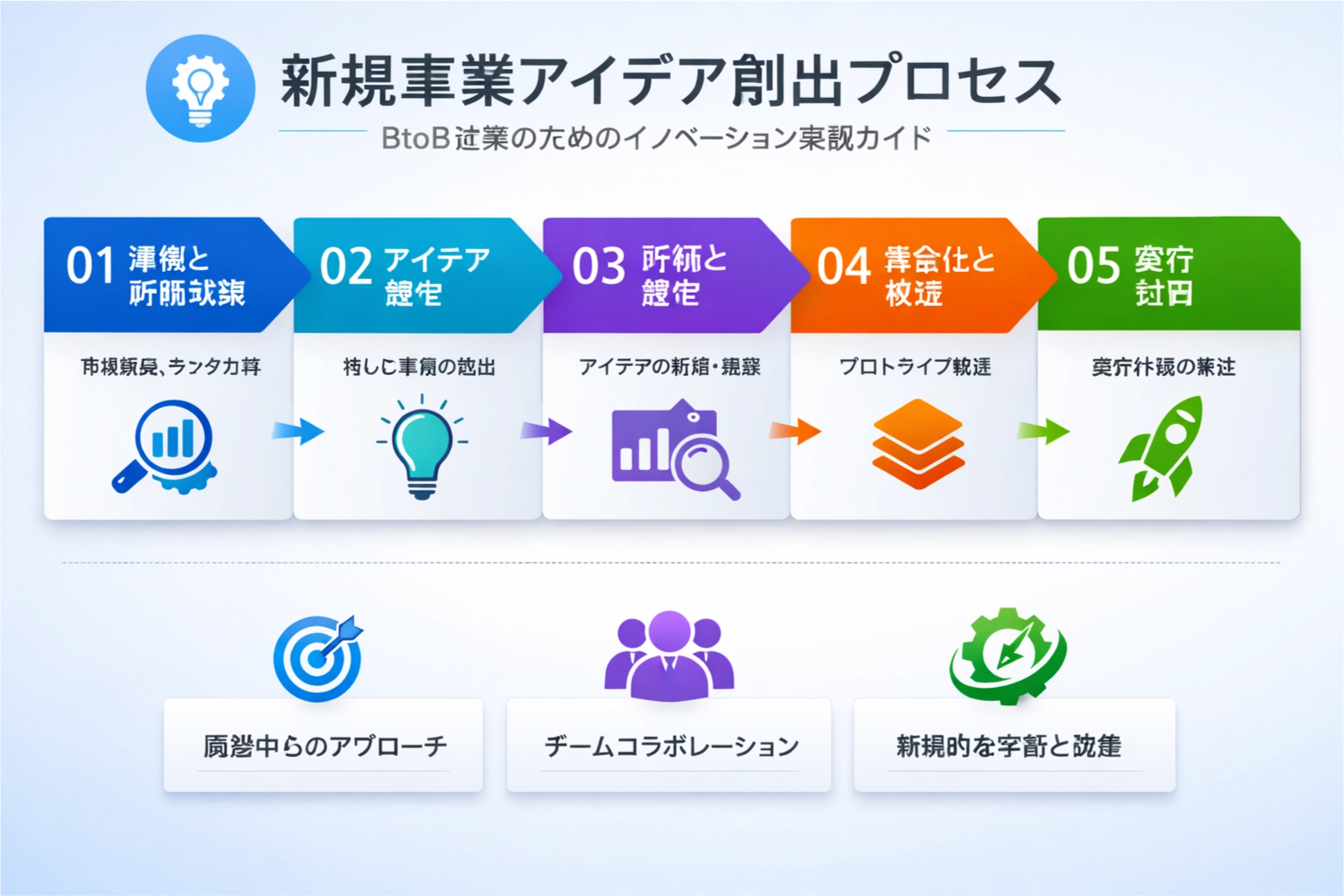 ManusのAIで新規事業アイデア創出プロセスのインフォグラフィックを生成した例
