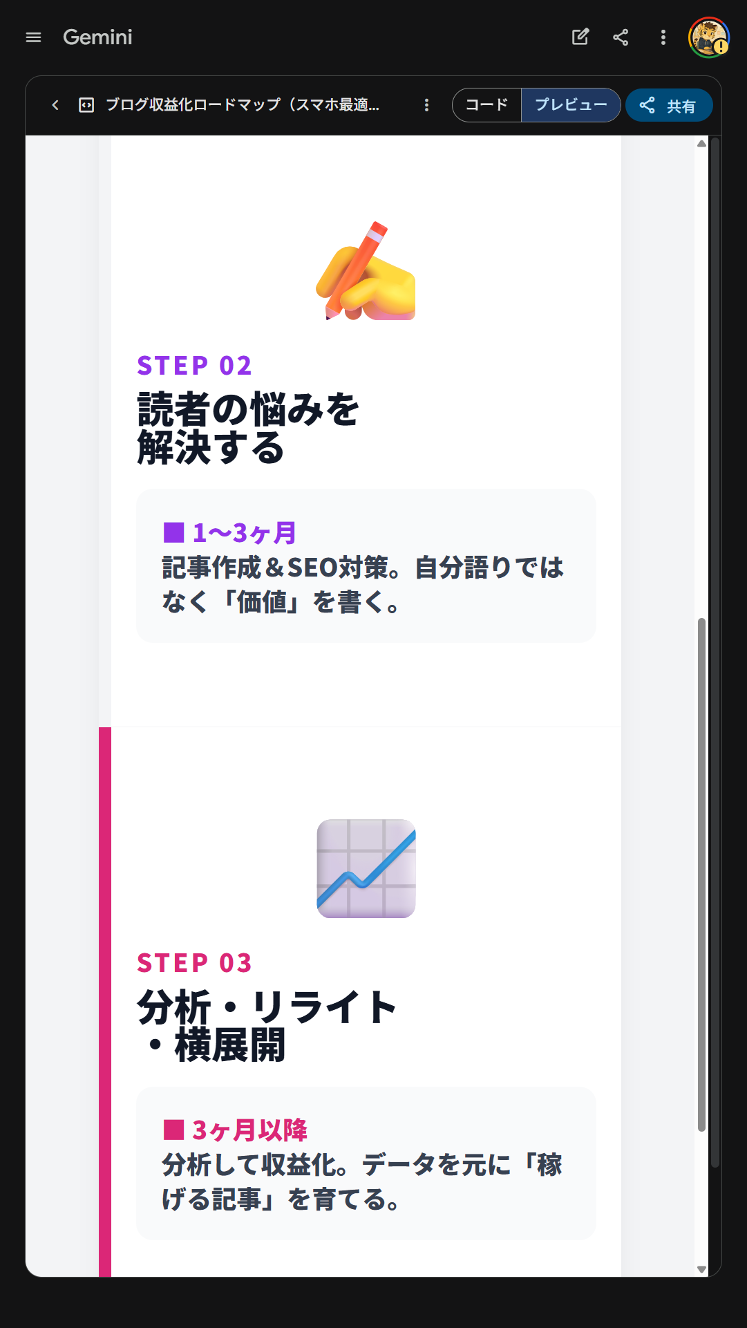 スマホ向けインフォグラフィック中部。STEP02「読者の悩みを解決する」とSTEP03「分析・リライト・横展開」が縦一列で表示
