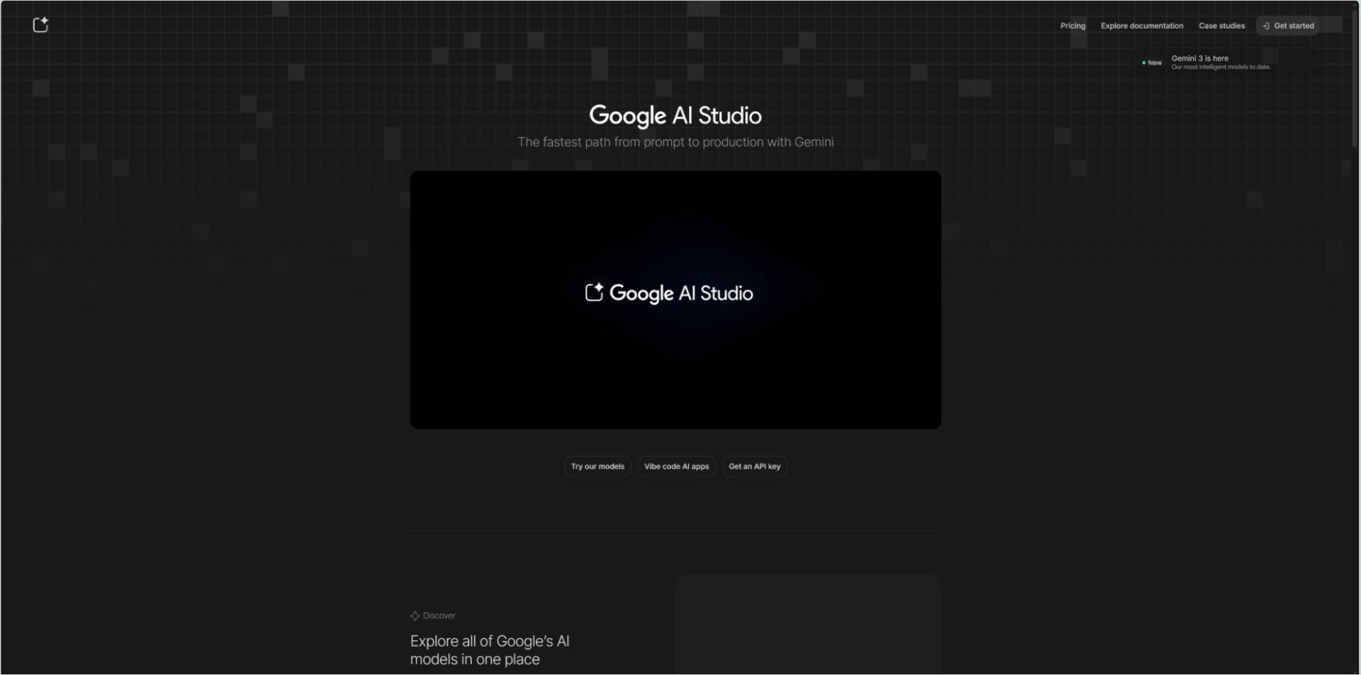 Google AI Studioの公式サイトトップページ。ロゴとキャッチコピー、「Get started」ボタンが表示されたログイン前の画面