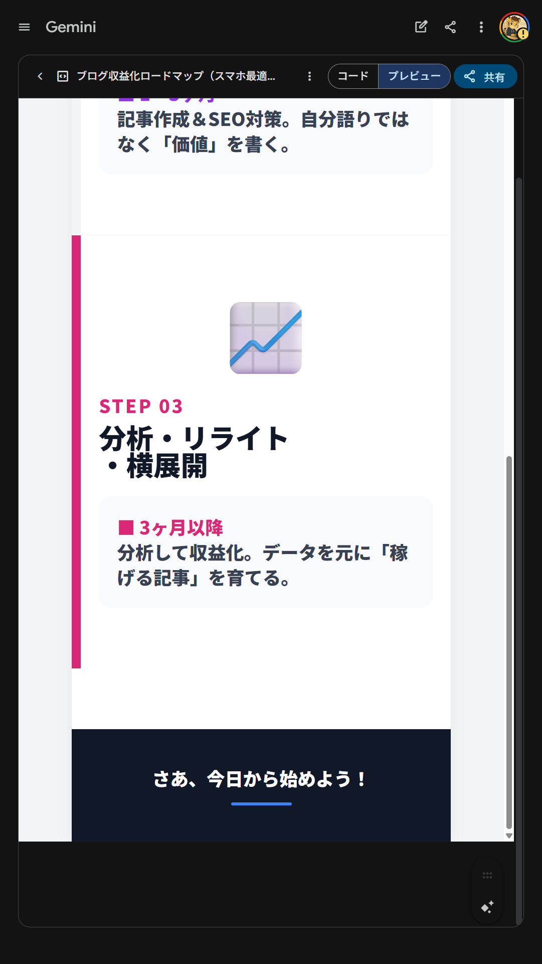 スマホ向けインフォグラフィック下部。STEP03の詳細と「さあ、今日から始めよう！」のCTAボタンが表示