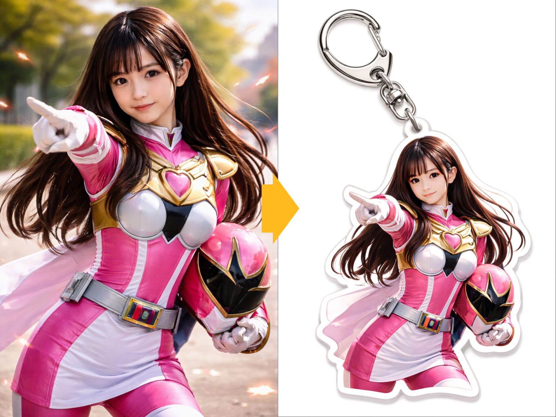 ChatGPT「Images」の活用事例：特撮ヒロイン風の女性キャラクターの写真を、アクリルキーホルダーのグッズイメージ画像に変換したビフォーアフター