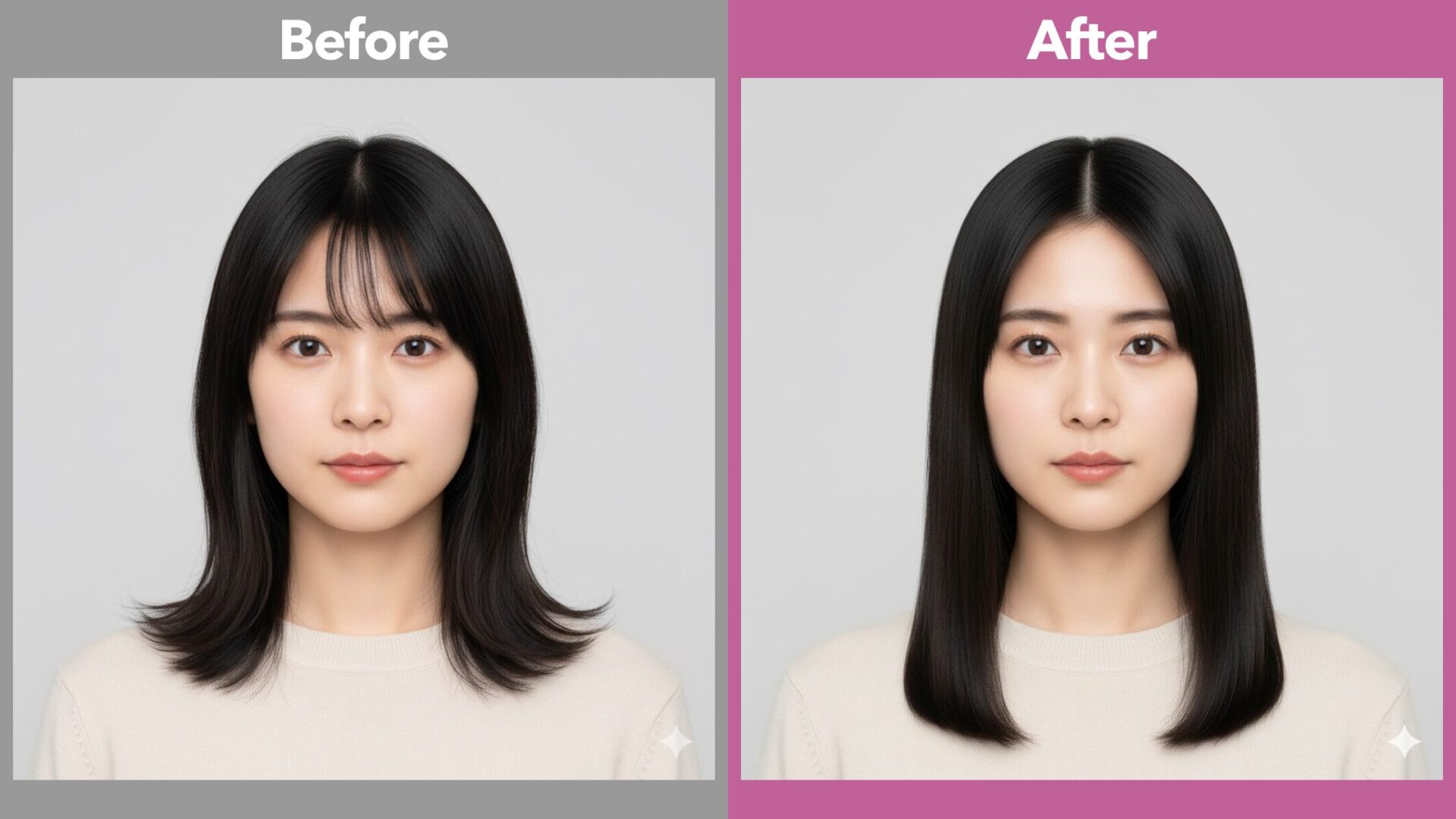 Geminiで髪型を加工した実例：セミロングの女性をロングストレートに変更した比較