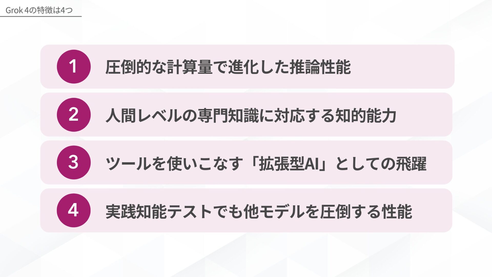 Grok 4の特徴は4つ(圧倒的な計算量で進化した推論性能/人間レベルの専門知識に対応する知的能力/ツールを使いこなす「拡張型AI」としての飛躍/実践知能テストでも他モデルを圧倒する性能)