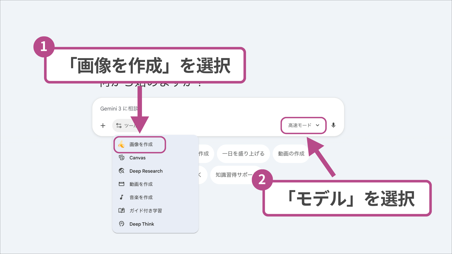 Geminiで画像生成を行うためのメニュー画面。ツール一覧から画像を作成を選択しモデルを指定。