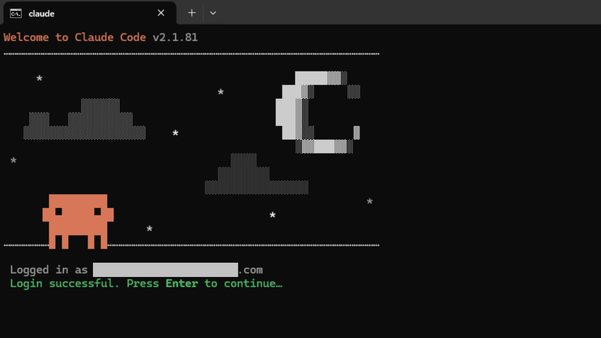 Claude Codeのログイン成功画面。認証が正常に終了し、ターミナル上でツールが利用可能になった状態の表示。