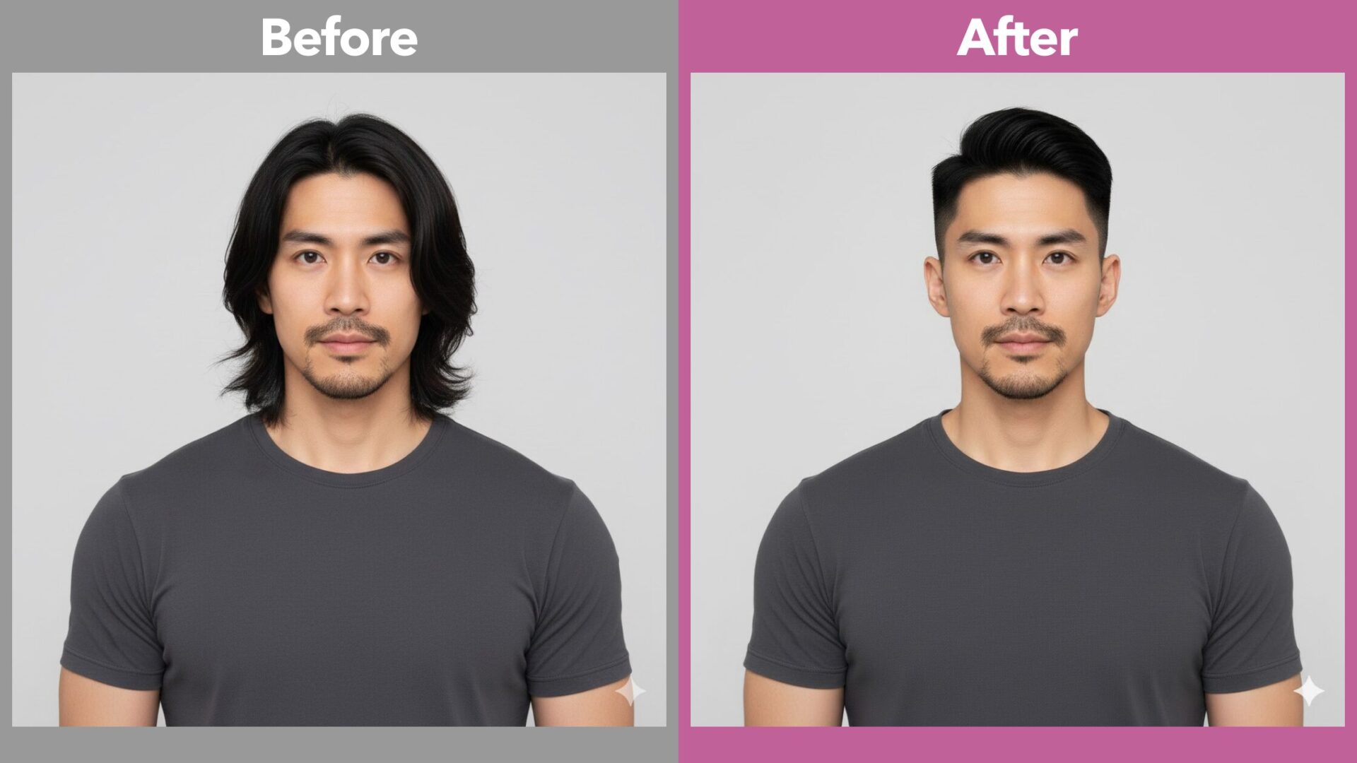 Geminiで髪型を短髪にした実例：長めの髪の男性をツーブロックに加工した比較画像