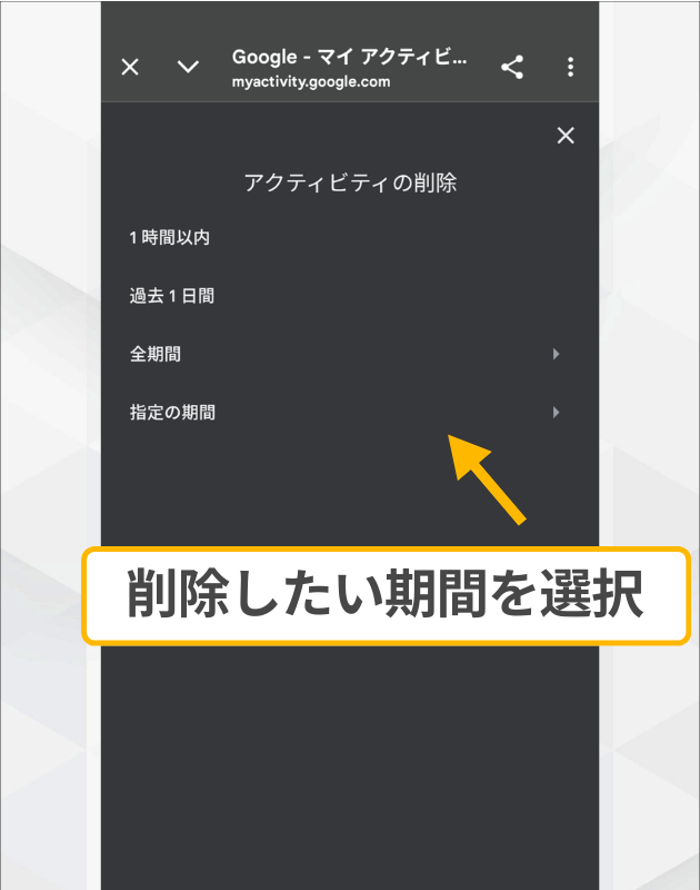 Android版Geminiの削除期間指定：「アクティビティの削除」メニューから「1時間以内」「過去1日間」「全期間」などを選択する