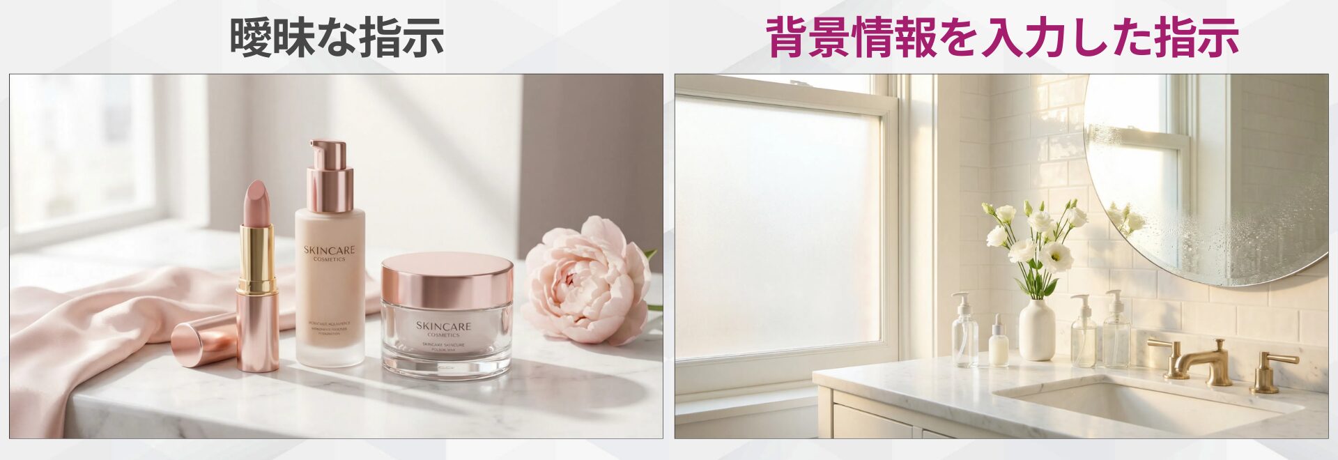 指示の具体性によるManus画像生成の比較：左「曖昧な指示」、右「背景情報を入力した指示」。