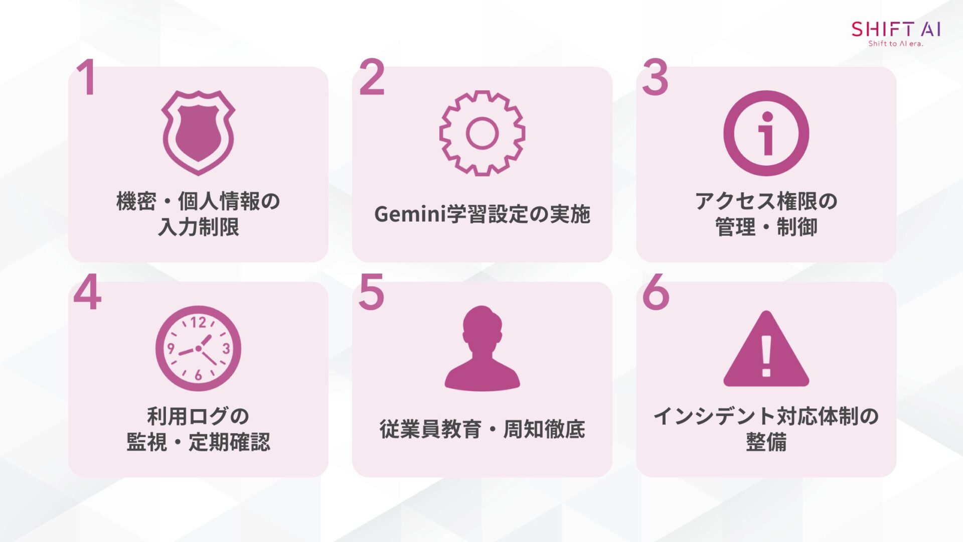 企業・組織で使うならGemini利用のガイドラインを作ろう(機密・個人情報の入力制限Gemini学習設定(オプトアウト)の実施アクセス権限の管理・制御利用ログの監視・定期確認従