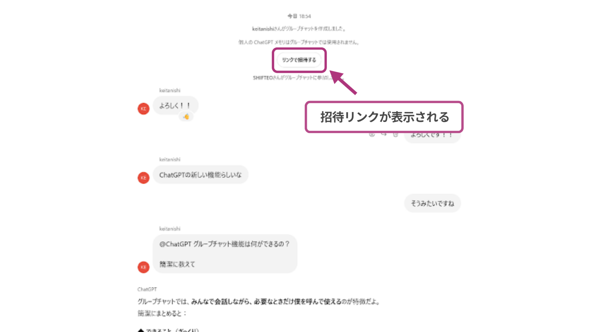 ChatGPTのグループチャット上に表示されている招待ボタンの場所を示すスクリーンショット