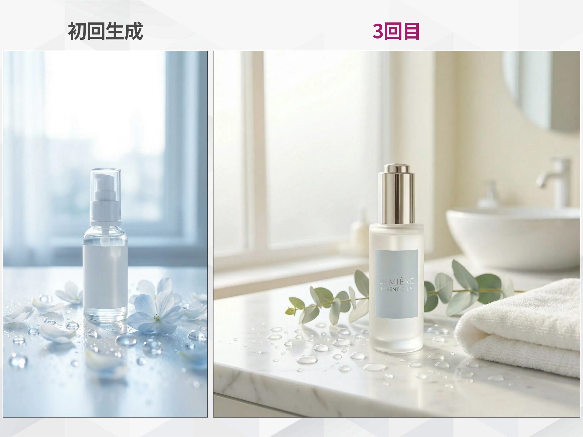 対話の反復によるManus画像生成の精度向上：左「初回生成」、右「3回目」。