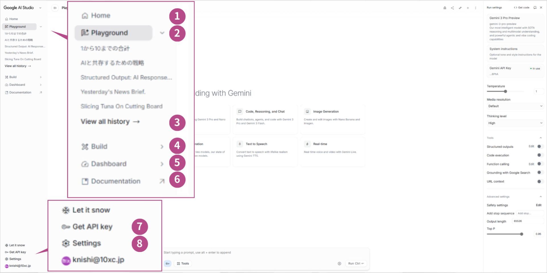 Google AI Studioの画面構成図解。左サイドバーの各メニュー(Home・Playground・Build・Dashboard等)に番号を付けて説明
