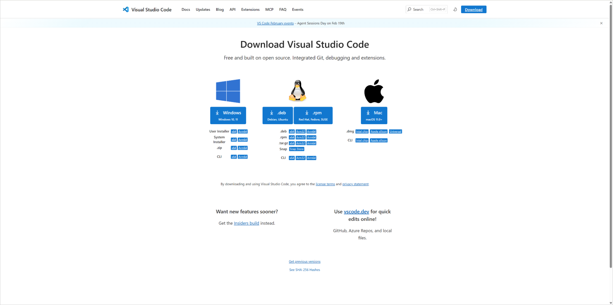 Visual Studio Code公式サイトのダウンロードページ。Windows・Mac・Linux対応