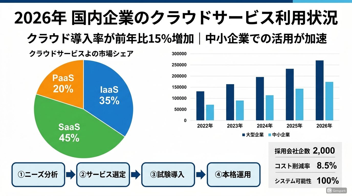 GensparkのAIでクラウドサービス利用状況のインフォグラフィックを生成した例