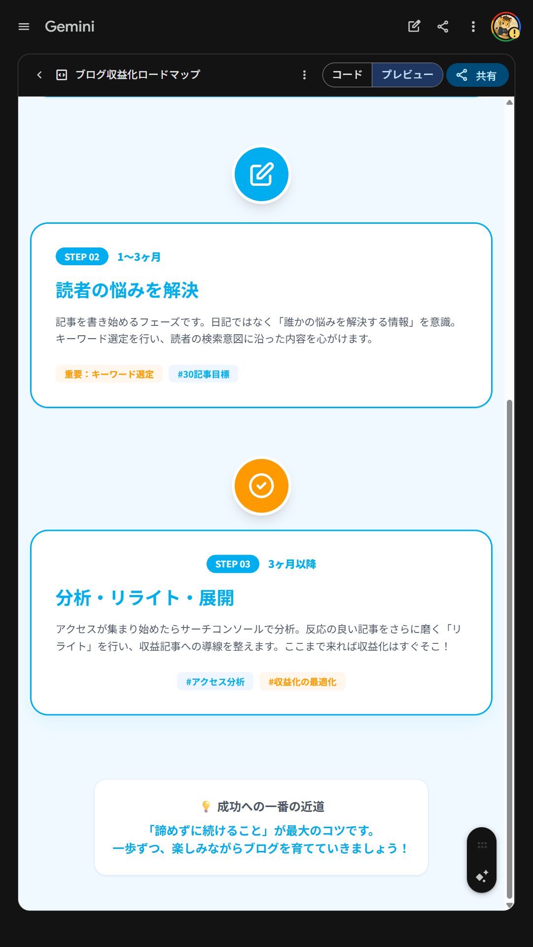 配色指定インフォグラフィック下部。STEP02の詳細とSTEP03「分析・リライト・展開」、「諦めずに続けること」が最大のコツという締めメッセージ