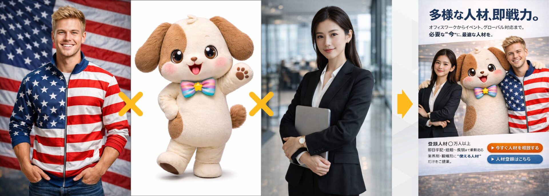 ChatGPT「Images」の活用事例：個別の男性、犬のキャラクター、女性の写真を組み合わせ、一枚の求人広告ポスターとして自然に合成・デザインした画像