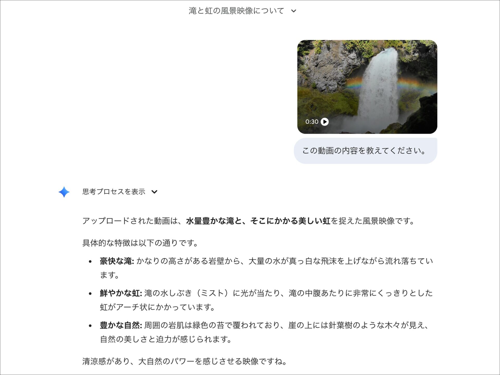 PC版Geminiの動画認識結果：滝と虹の映像内容を詳細に解説した回答画面