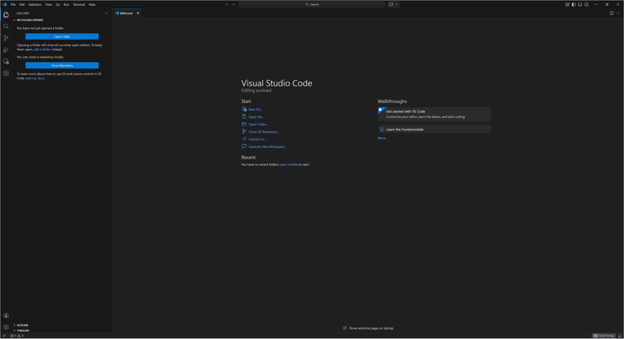 VS Codeの初期起動画面。ウォークスルーガイドが表示されている