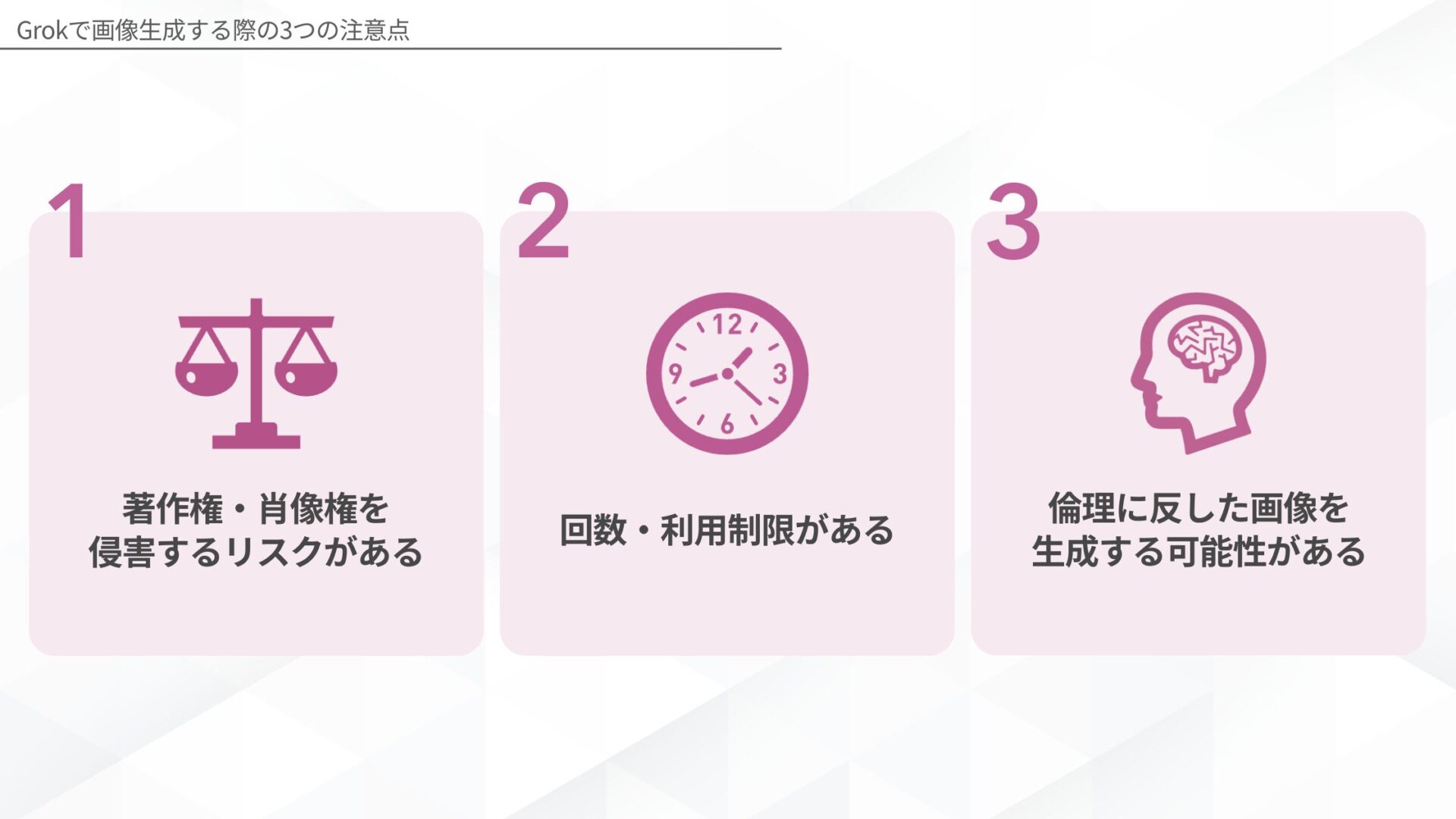 Grokで画像生成する際の注意点(著作権・肖像権を侵害するリスクがある/回数・利用制限がある/倫理に反した画像を生成する可能性がある)