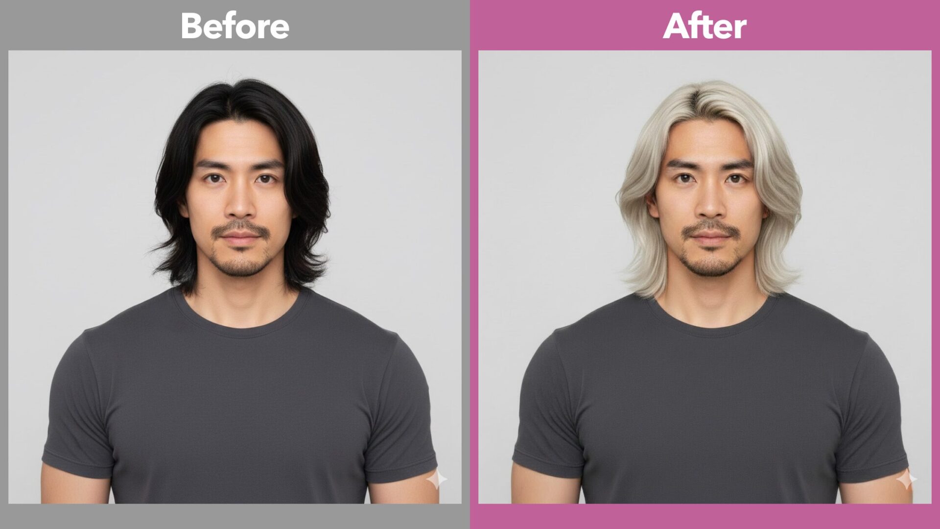 Geminiでハイトーンカラーにした実例：男性の黒髪をブリーチした金髪に変更した画像