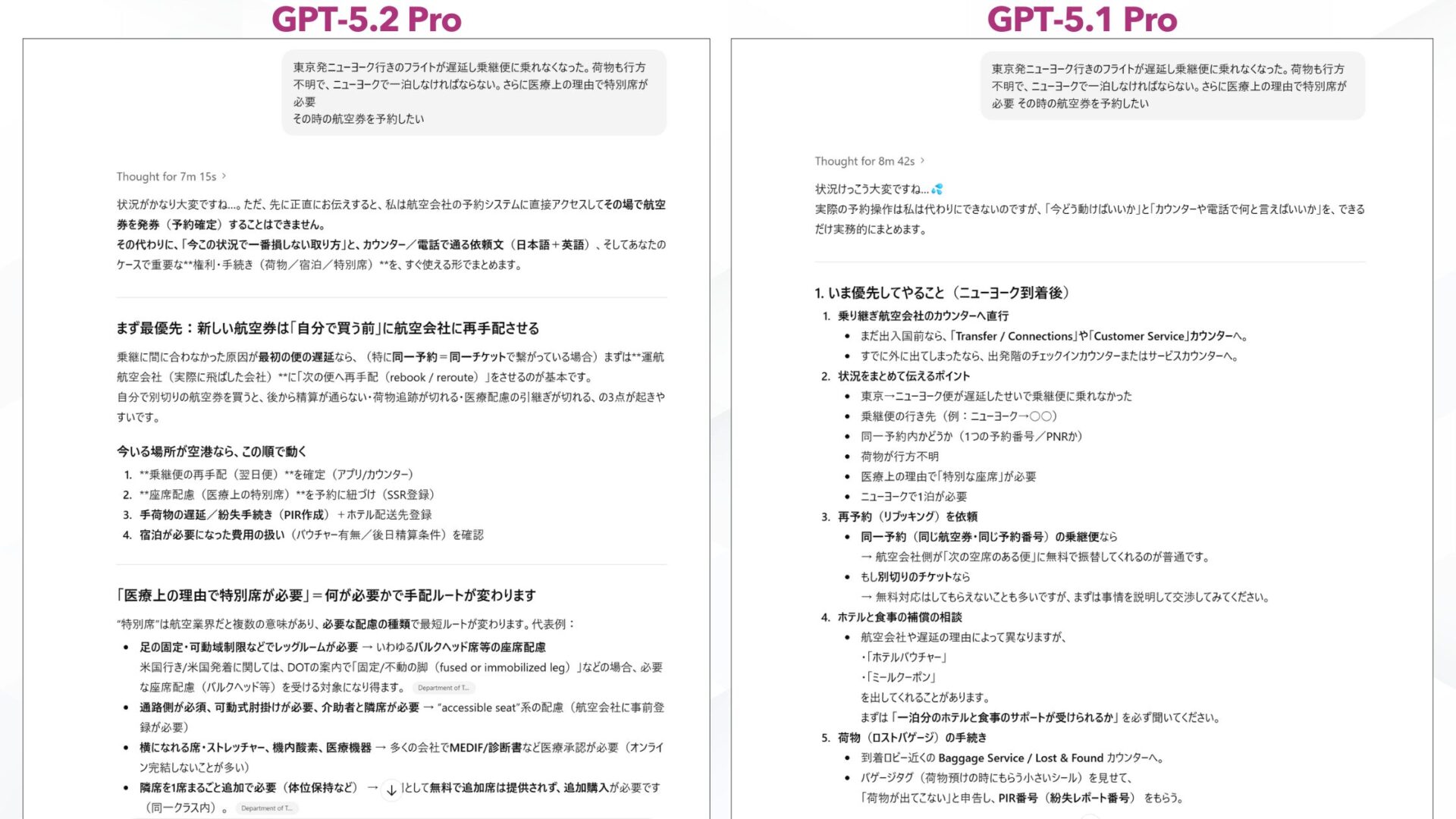 GPT-5.2の活用事例：トラブル時の航空券手配について具体的なアドバイスを提示する比較画面
