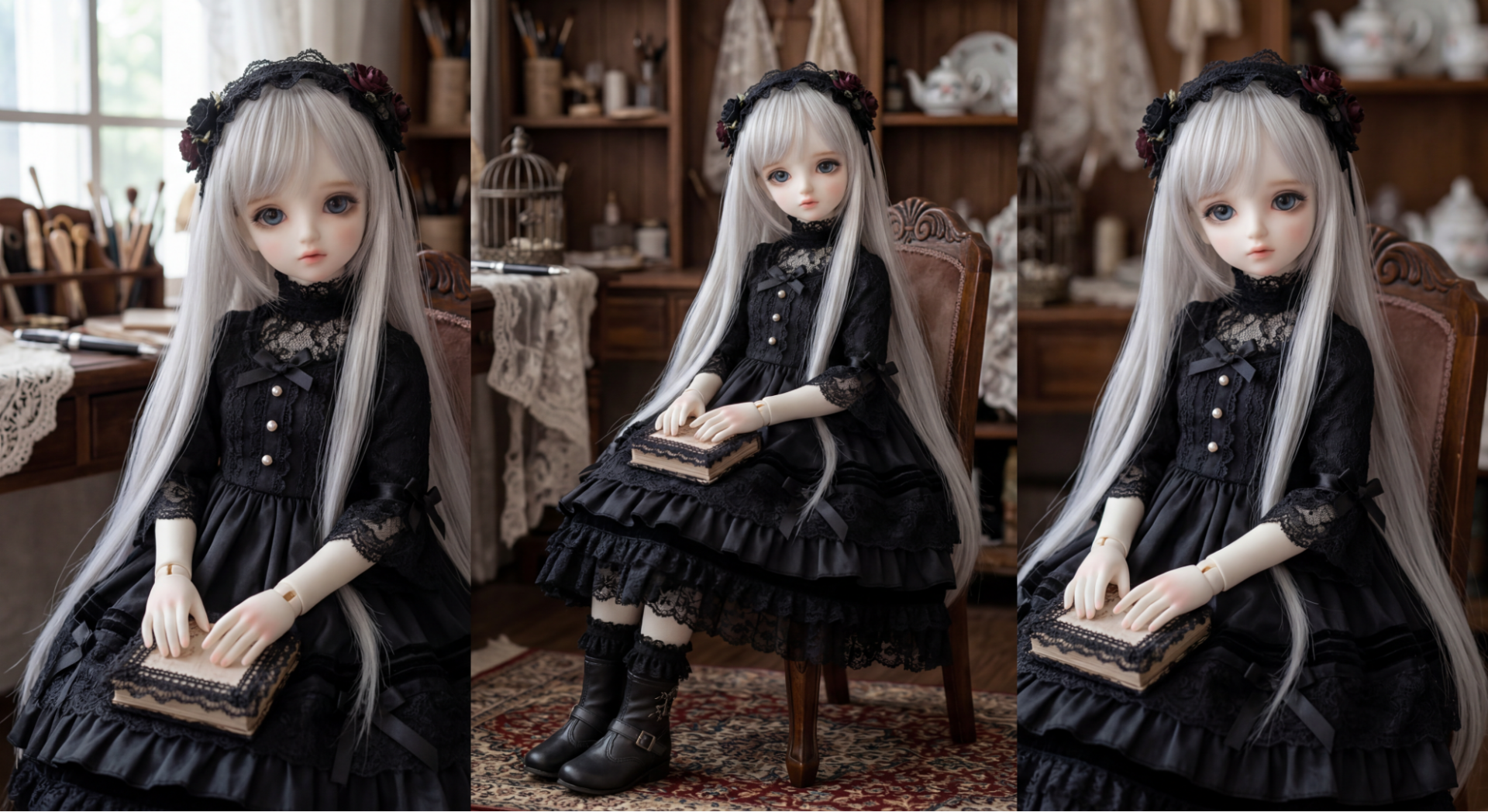 人形の着せ替え検証。Nano Banana 2により、キャラクターの造形を維持したまま黒いゴシックドレスへ変更。