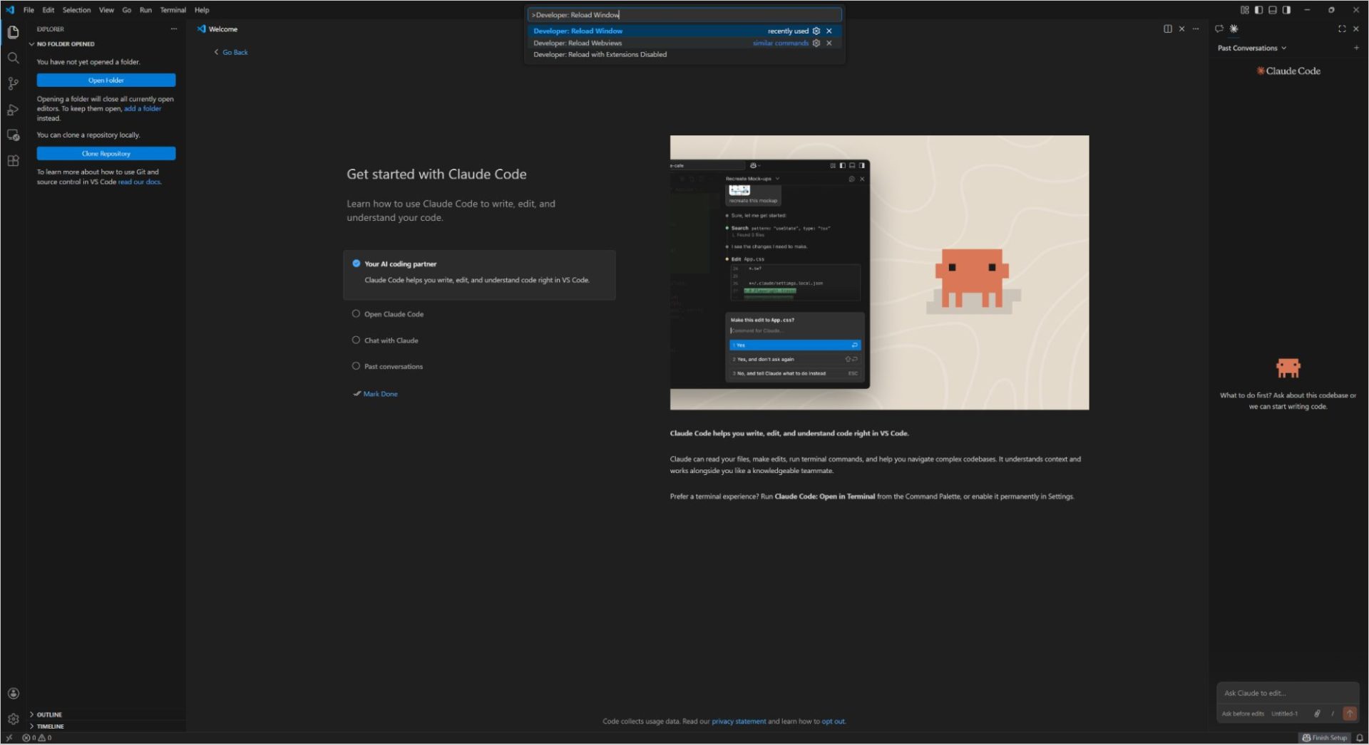 VS CodeでClaude Codeの「Get started」ウォークスルーが表示され、セットアップ手順を案内している画面