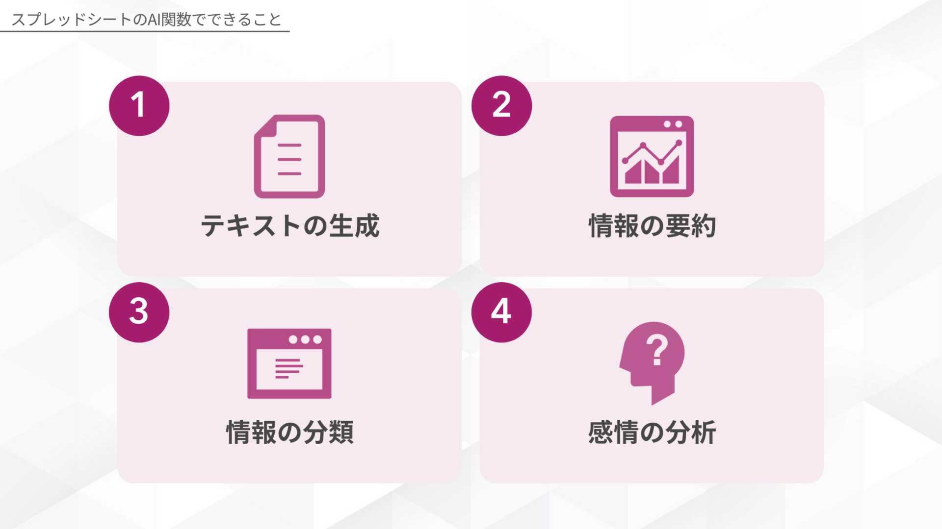 スプレッドシートのAI関数でできること(テキストの生成/情報の要約/情報の分類/感情の分析)