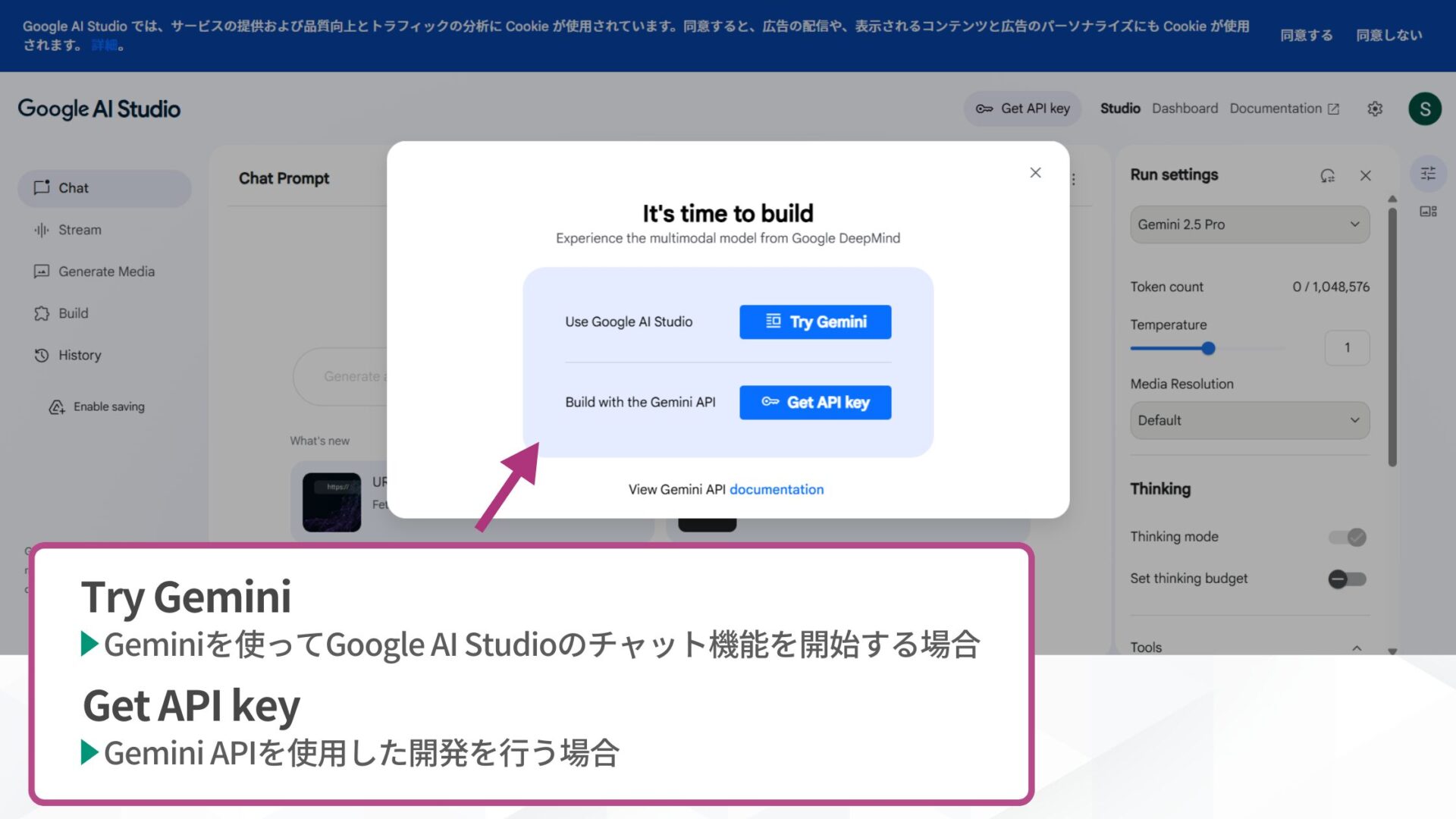 Google AI StudioとVertex AI Studioの使い方(Google AI Studioの使い方-STEP1:Google AI Studioにアクセスする-初回アクセス画面)