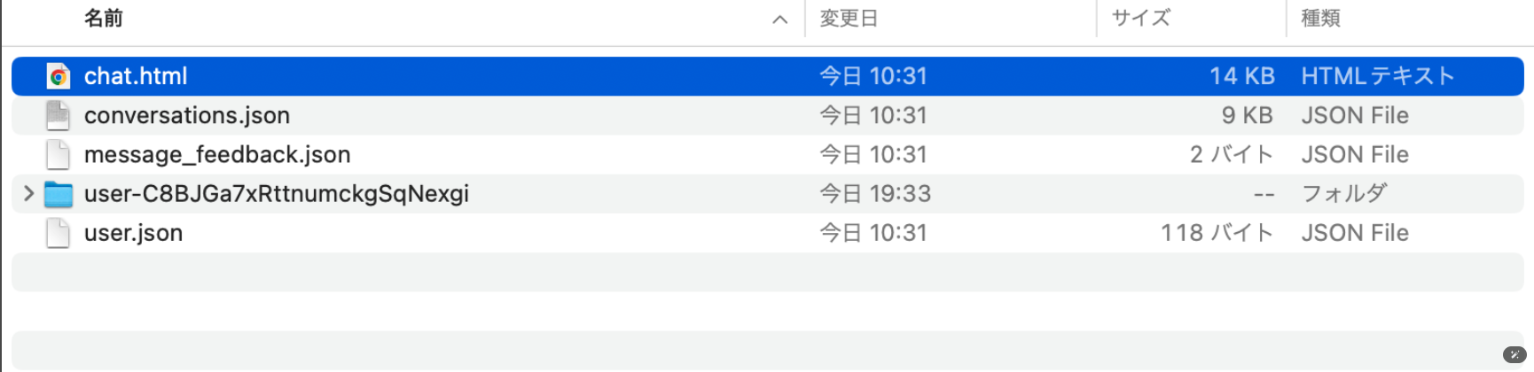 ChatGPT公式のエクスポート機能を使う(届いたメールからエクスポートしたデータをダウンロードする-chat.htmlのファイルに保存されている)