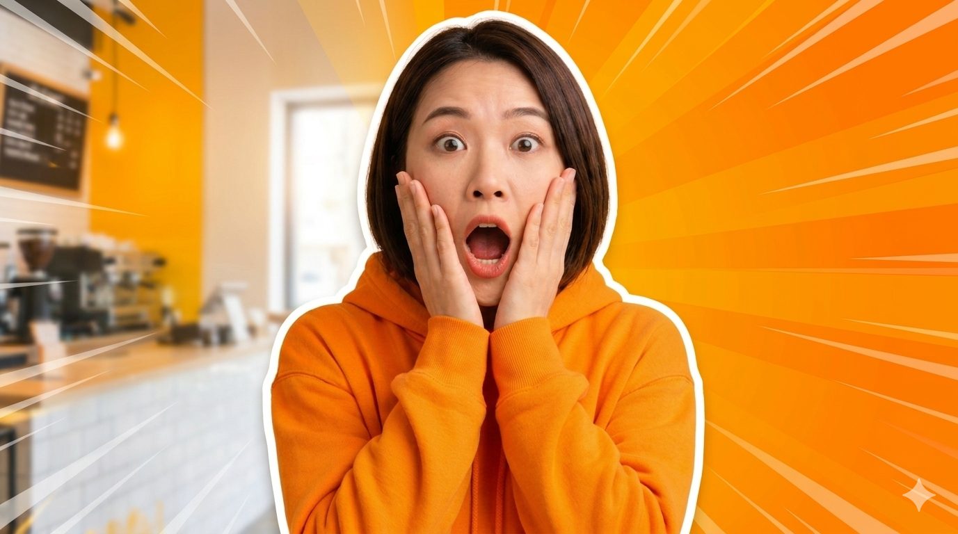 驚いた表情で頬に手を当てる女性。YouTubeサムネイルに最適な、Nano Banana Proによる表情豊かな人物画像。