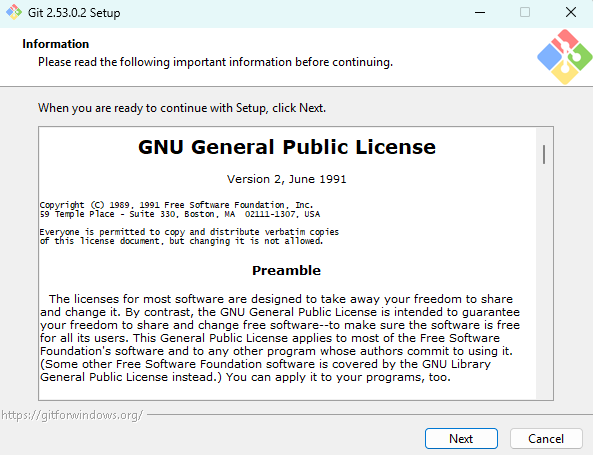 Gitのセットアップウィザード画面。ライセンス条項を確認し、デフォルト設定のままNextボタンで導入を進める。