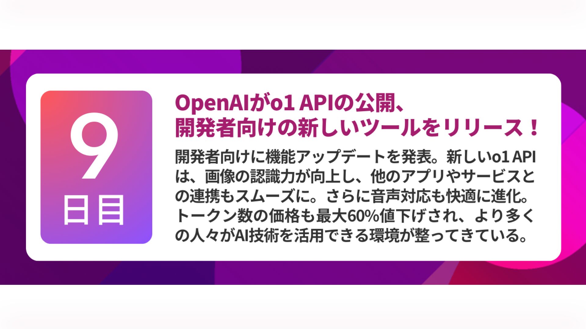 第9弾:「OpenAI o1」のAPIや開発者向け機能が公開(12月18日)