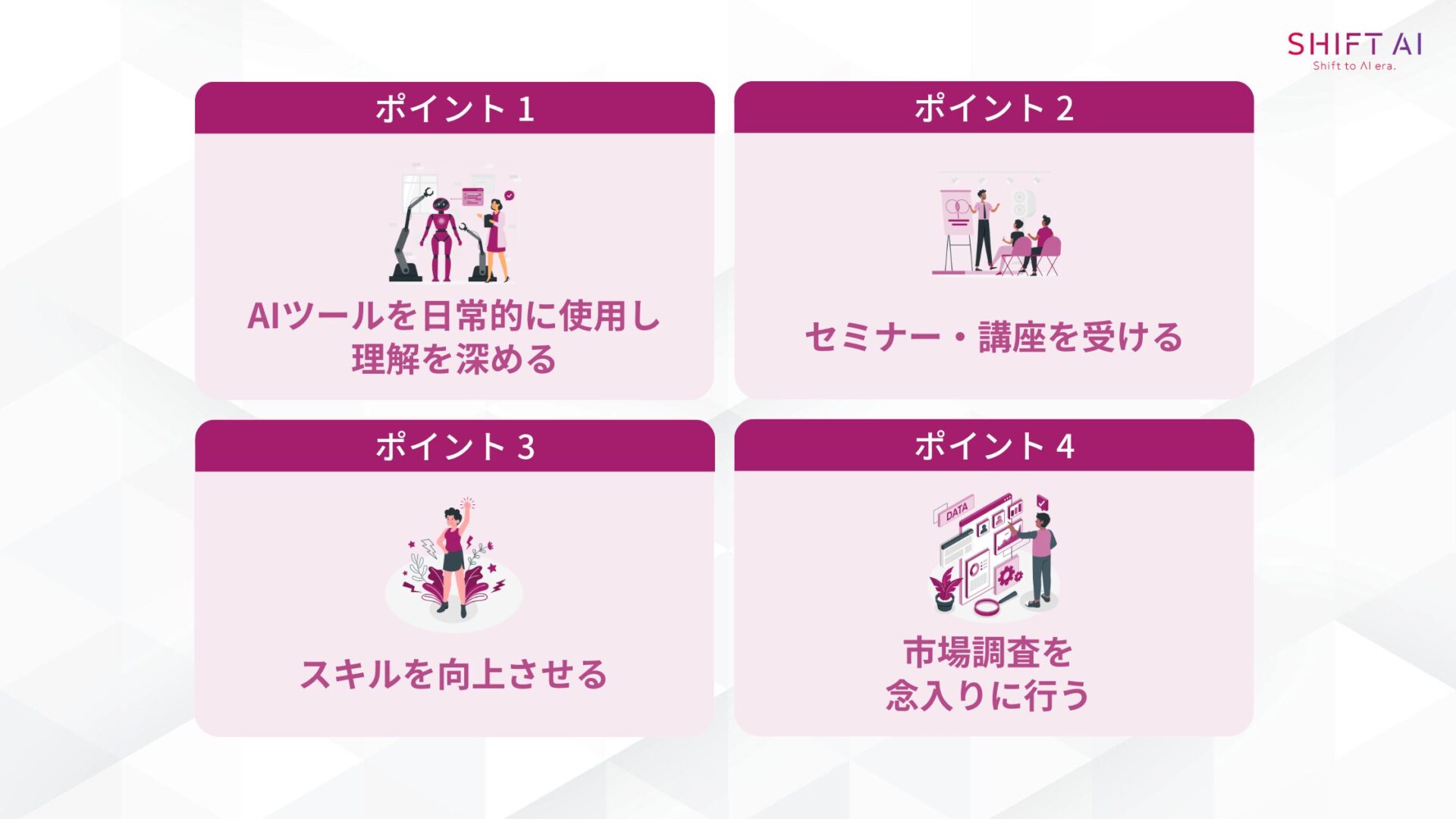 AI副業で稼ぐための4つのポイント(AIツールを日常的に使用し理解を深める/セミナー・講座を受ける/スキルを向上させる/市場調査を念入りに行う)