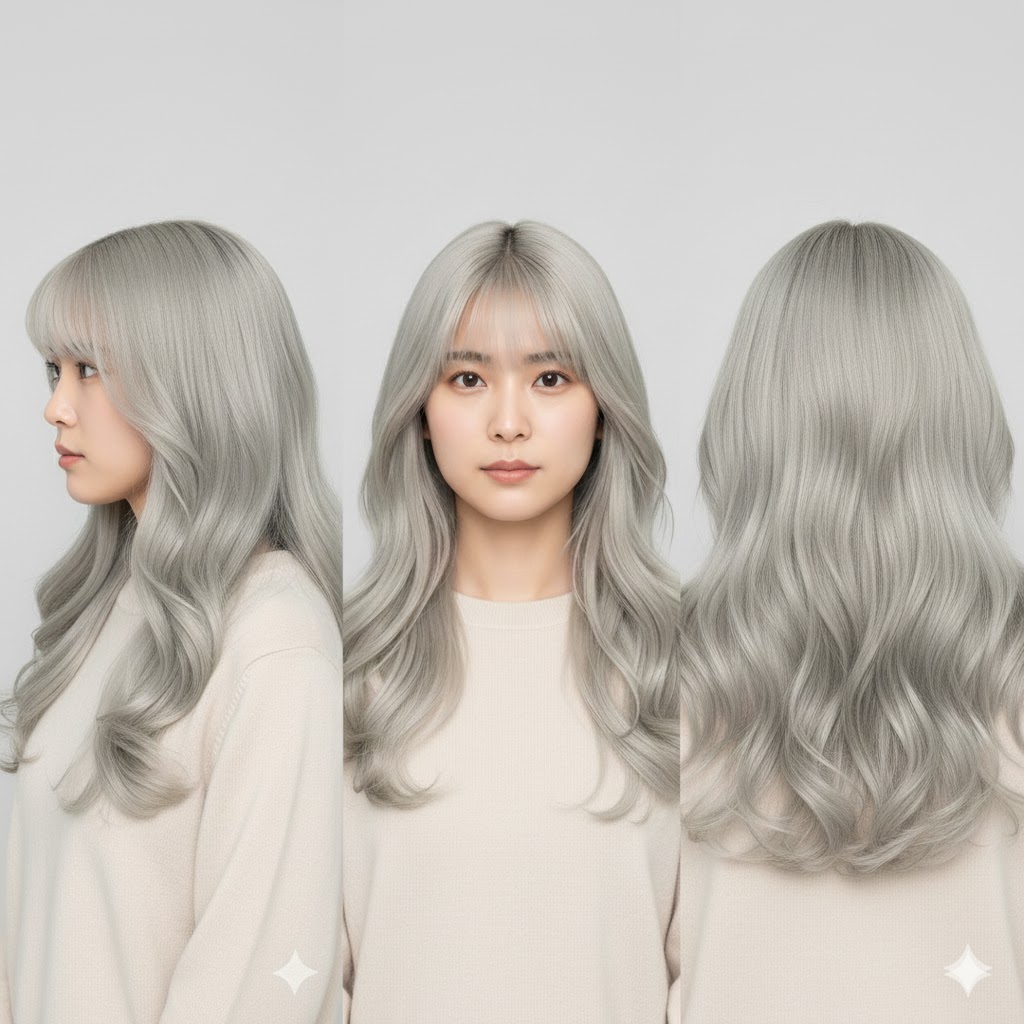 Geminiで髪型を多角的にシミュレーション：ロングヘアの女性を横・正面・後ろから見た3面図